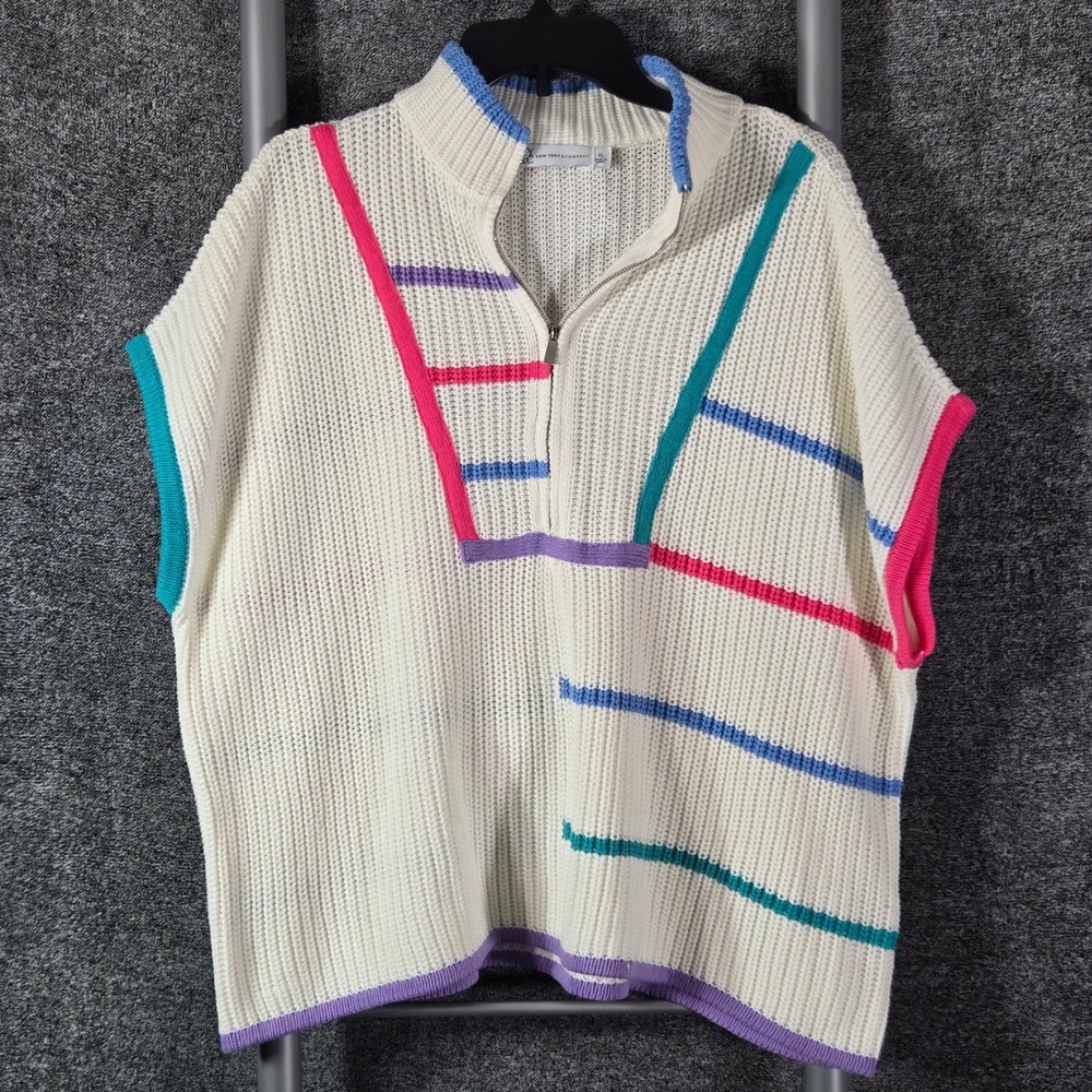 New York & Company Multi-Color Striped Quarter Zip Sweater Vest XL Cream Ribbed